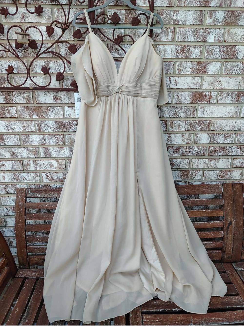 A-Line V- Neck Strap Off Shoulder Chiffon Dress Flutter Sleeve Floor Length NWT.